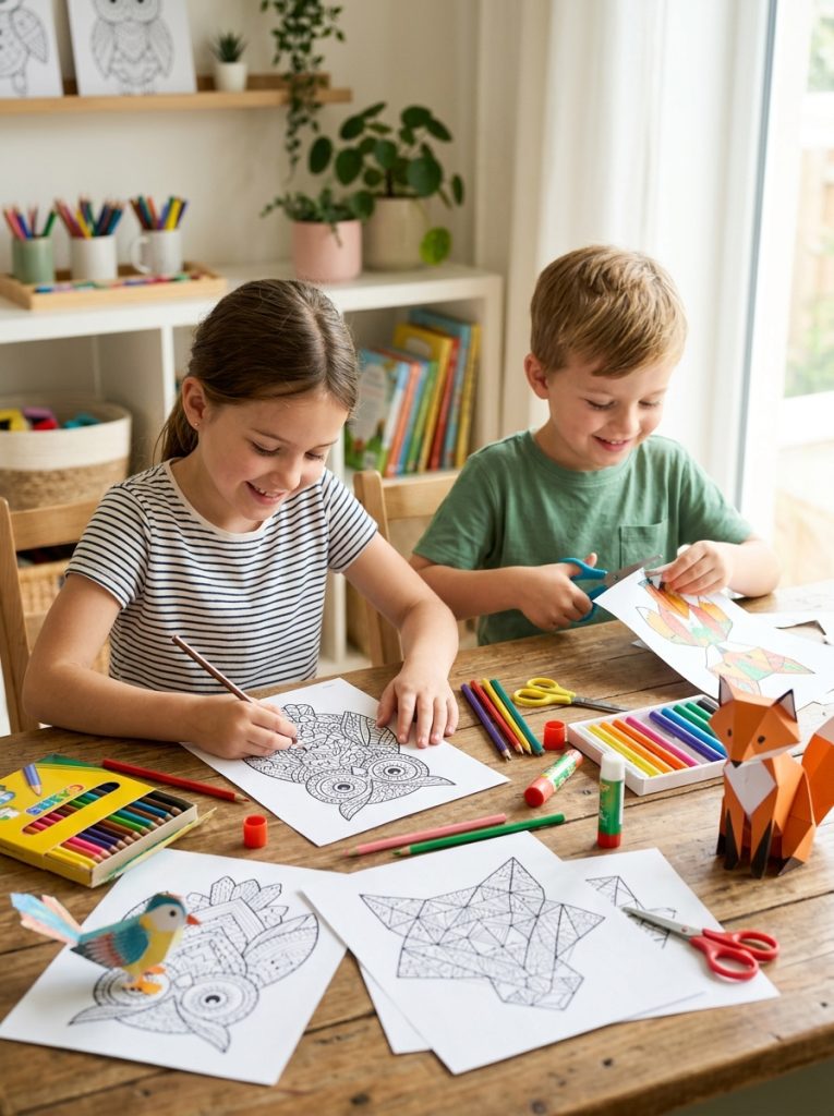 Beautiful black and white printable DIY craft templates being colored by children before cutting and assembling into finished creations