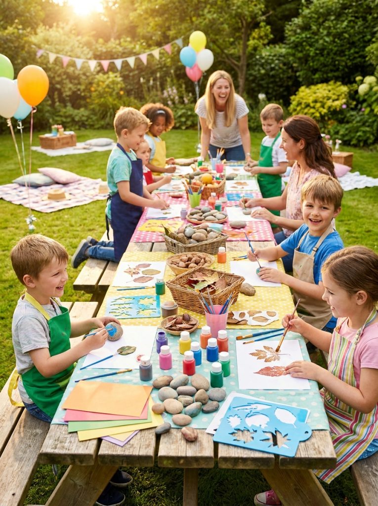 Outdoor craft station for kids party with rock painting leaf printing and nature collage at long sunny garden table
