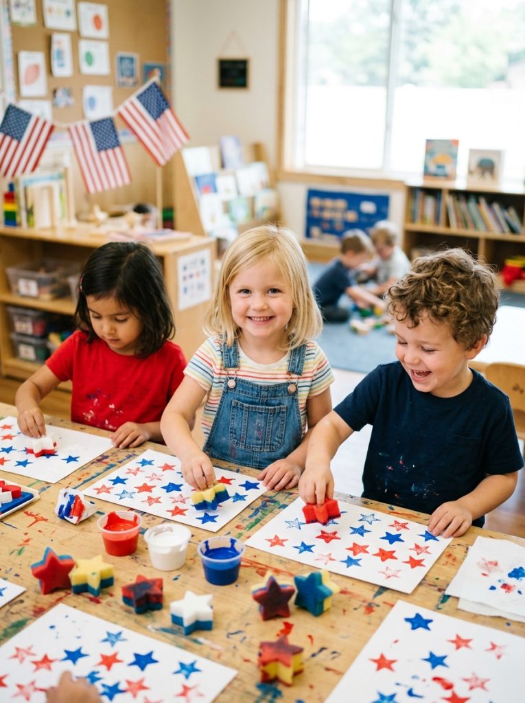  Preschool children doing sponge stamp 4th of July crafts with star sponge stampers in red white blue paint on paper