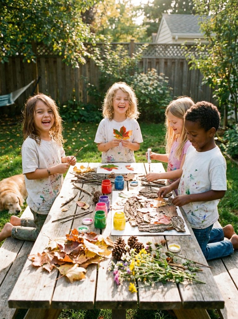 Children doing outdoor crafts at sunny backyard table with nature materials leaves and paint