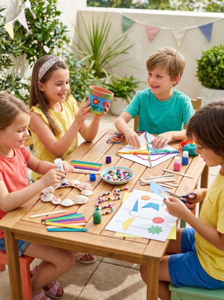 Elementary school age children doing easy summer crafts independently at craft table producing colorful beautiful results