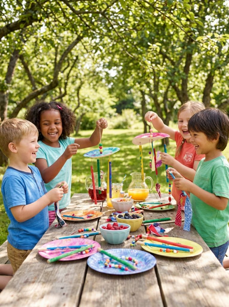 Kindergarten children doing easy summer crafts making simple impressive projects at cheerful developmental craft table