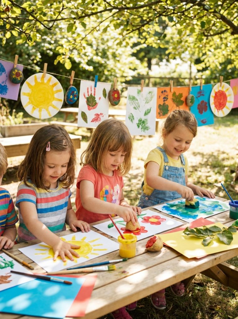 Preschool children doing simple summer crafts making handprint suns flower stamping and sponge painting in bright summer colors 