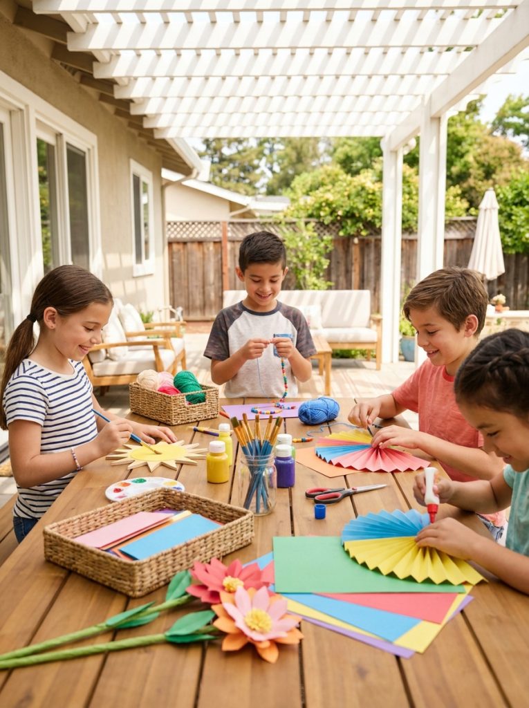 Elementary school age children doing easy fun summer crafts independently with confidence making colorful projects at craft table