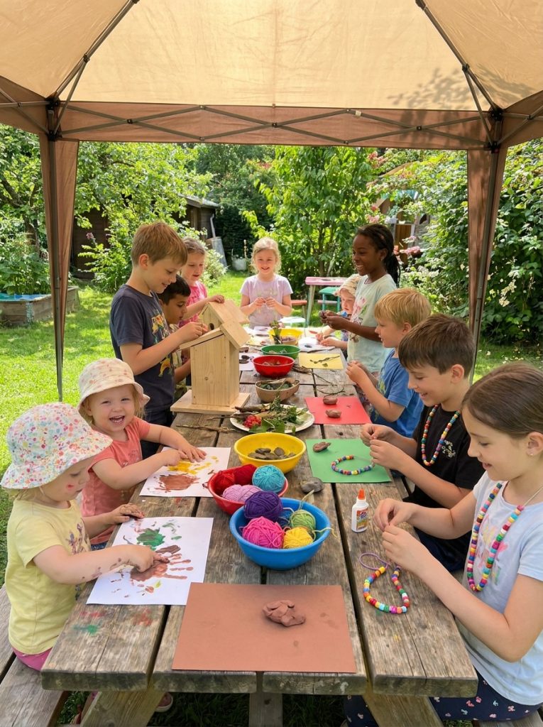 Children of multiple ages doing fun summer crafts together at outdoor table with different age-appropriate projects for all
