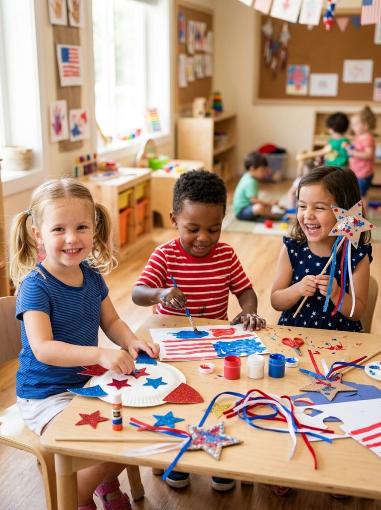 Preschool children making 4th of July crafts creating paper plate rockets star wands and flag art at cheerful craft table 