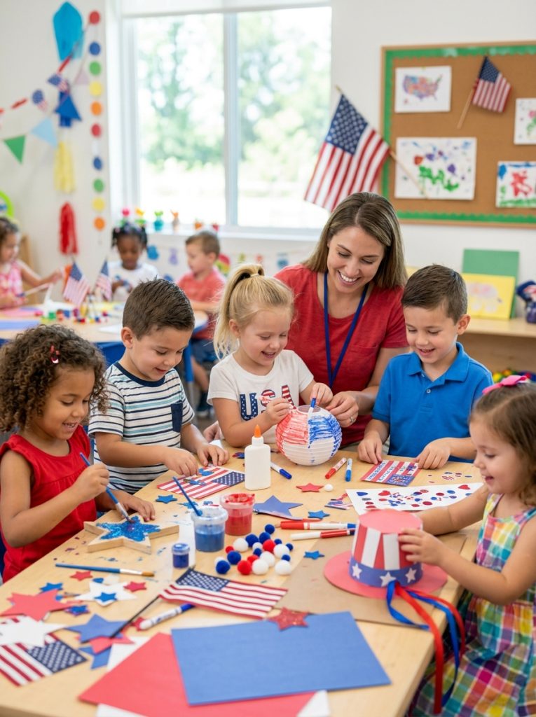 aycare group doing 4th of July july crafts with multiple young children at long table making patriotic red white blue projects 