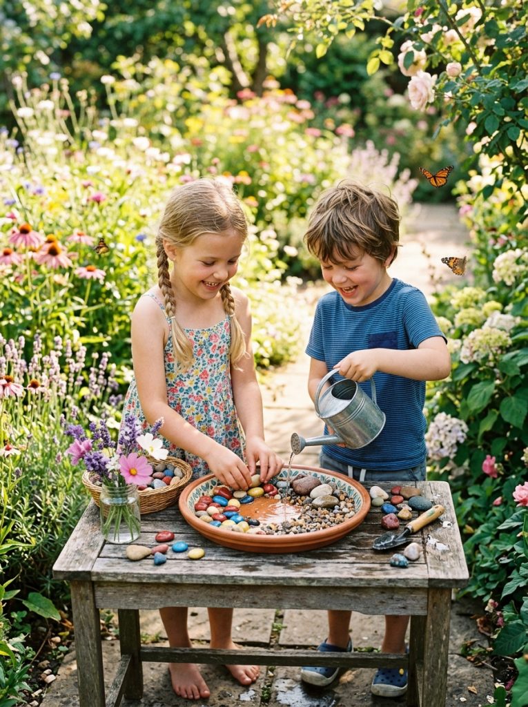 Children making DIY butterfly puddler arranging colorful pebbles in shallow dish with water in sunny garden 
