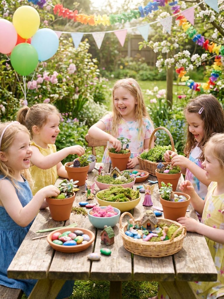 Fairy garden party activity with multiple children each making their own pot fairy garden at bright table