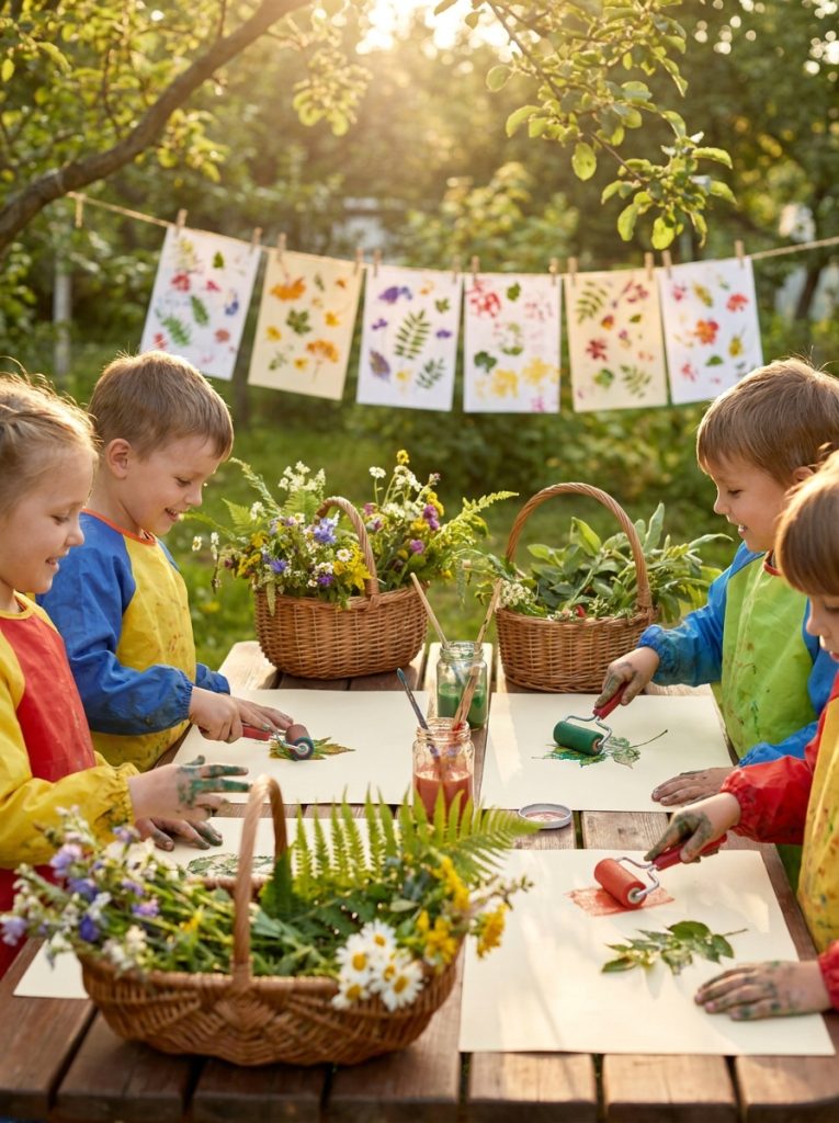 Preschool children pressing flowers and leaves with paint onto paper creating beautiful nature prints in sunny garden craft 