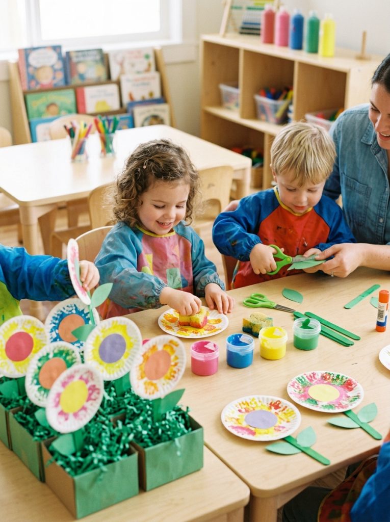 Adorable easy preschool paper plate flower garden crafts with young children sponge stamping bright colors creating flower garden