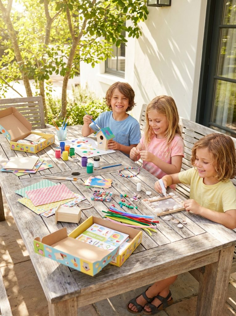 Kids using easy all-in-one summer craft kit at outdoor table with colorful materials and multiple projects in sunny session