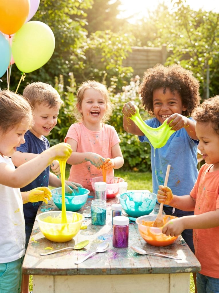 Young children aged 4 to 6 making fun summer slime craft mixing bright colors in bowls and playing with finished slime