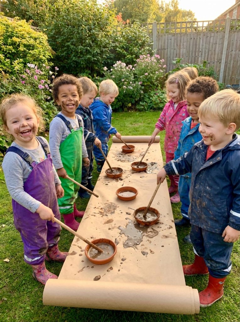 Preschool children mixing mud with water and painting on paper with sticks in sunny garden outdoor activity