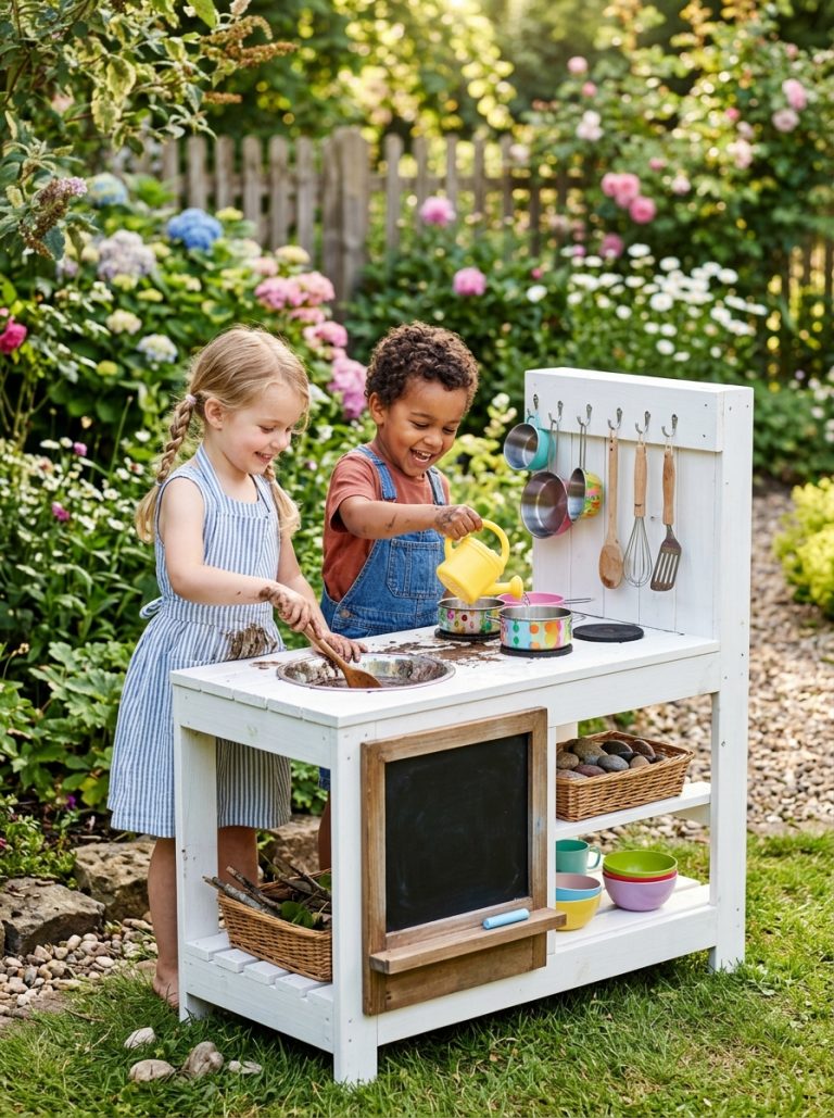 Finished DIY pallet mud kitchen painted white with sink utensils and two children playing