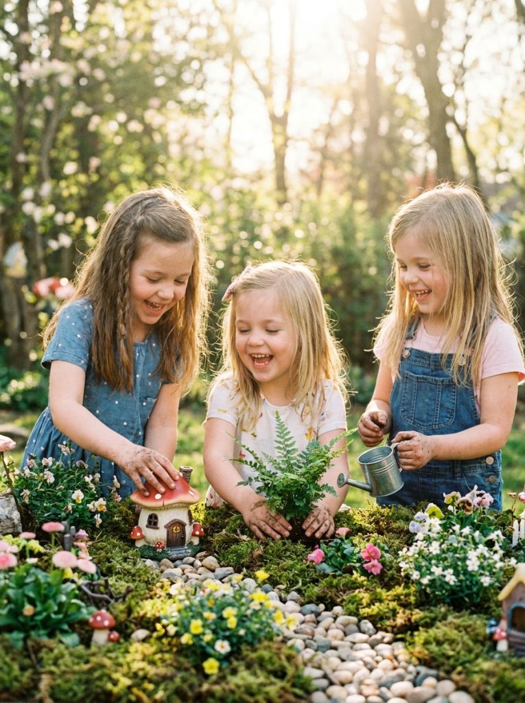  Children playing around and tending their outdoor fairy garden in sunny backyard in summer