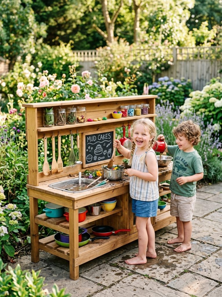 Beautiful full outdoor wooden mud kitchen with sink shelves and two children playing
