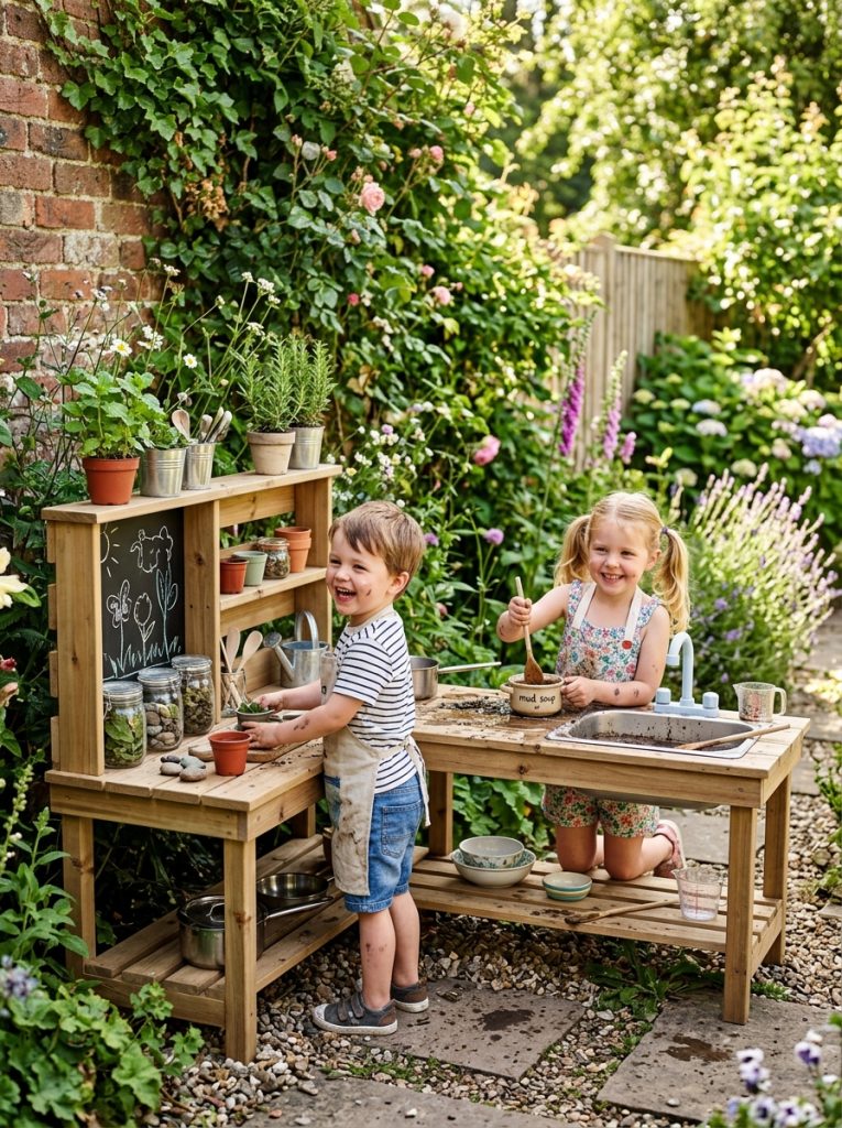 L-shaped outdoor mud kitchen corner setup with sink and shelves and children playing