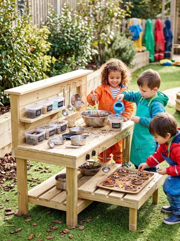  EYFS mud kitchen setup with labeled containers and young children doing sensory play
