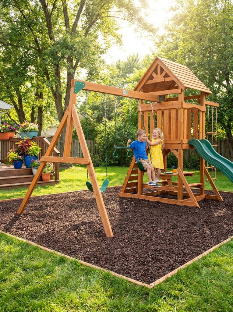  DIY kids playground with rubber mulch safety surface underneath wooden playset in backyard