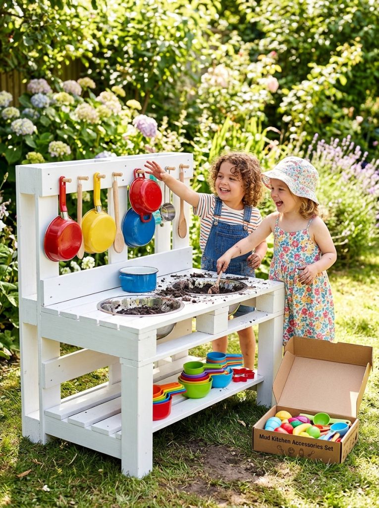 Finished white pallet mud kitchen fully stocked with colorful pots pans accessories and excited children