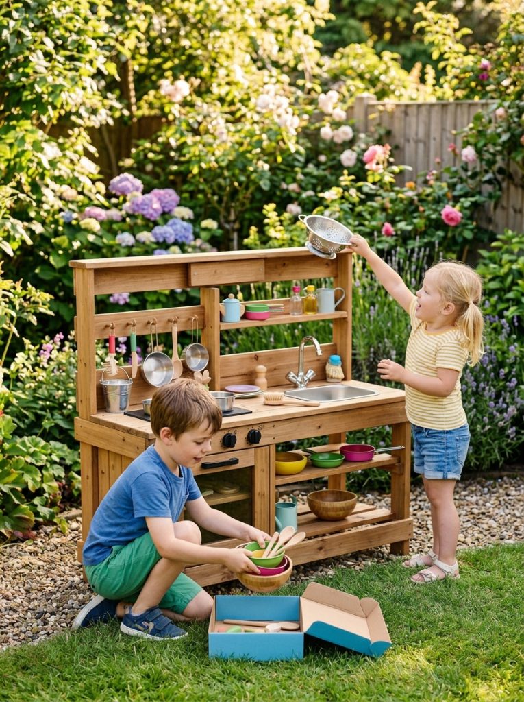 Beautiful ready-made wooden outdoor mud kitchen being set up by two excited children in garden
