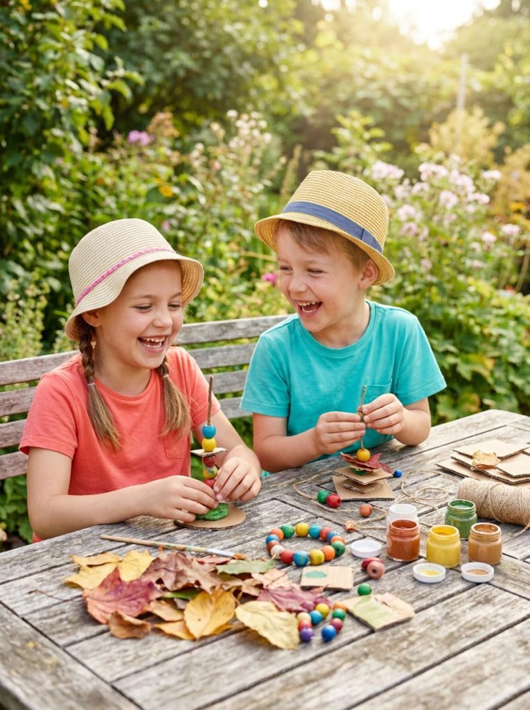 Kids using outdoor craft kit at garden table with colorful eco materials on bright sunny summer day
