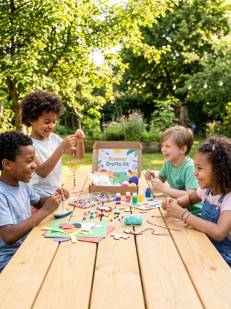 Kids using complete summer crafts kit at outdoor table with colorful materials and multiple projects in cheerful sunny session