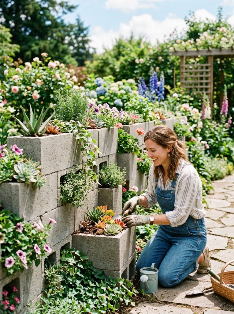 Creative cinderblock fence with concrete blocks stacked as garden fence with plants growing from block openings in sunny garden