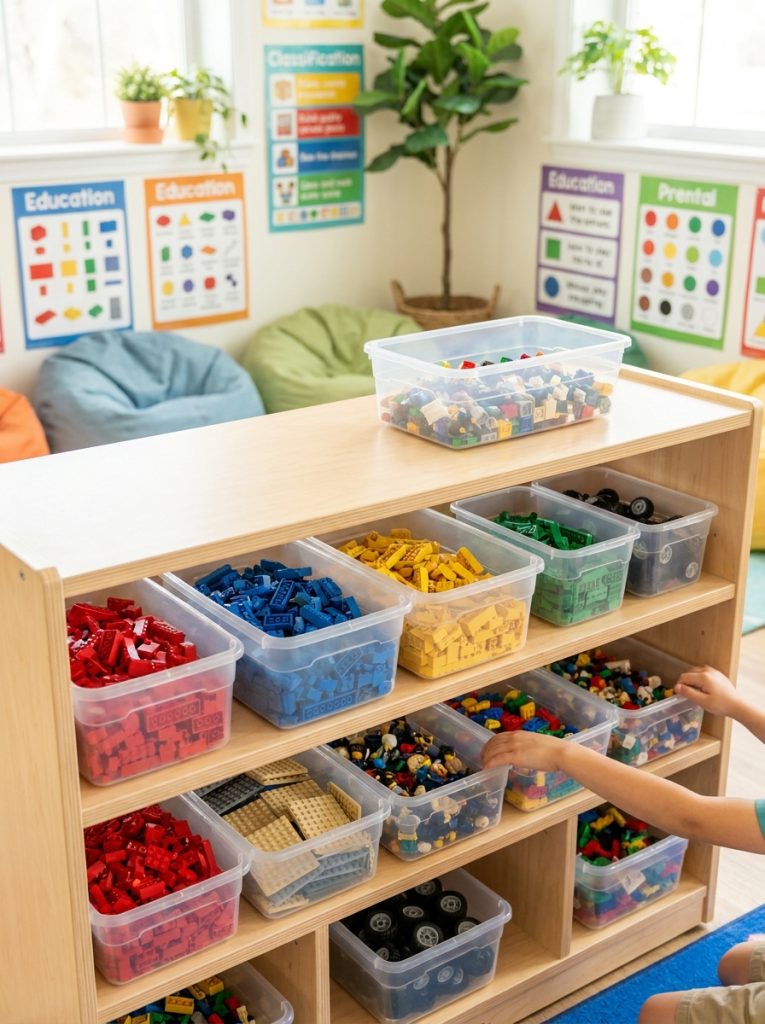  Well-organized classroom lego storage station with labeled bins sorted by color on low shelves