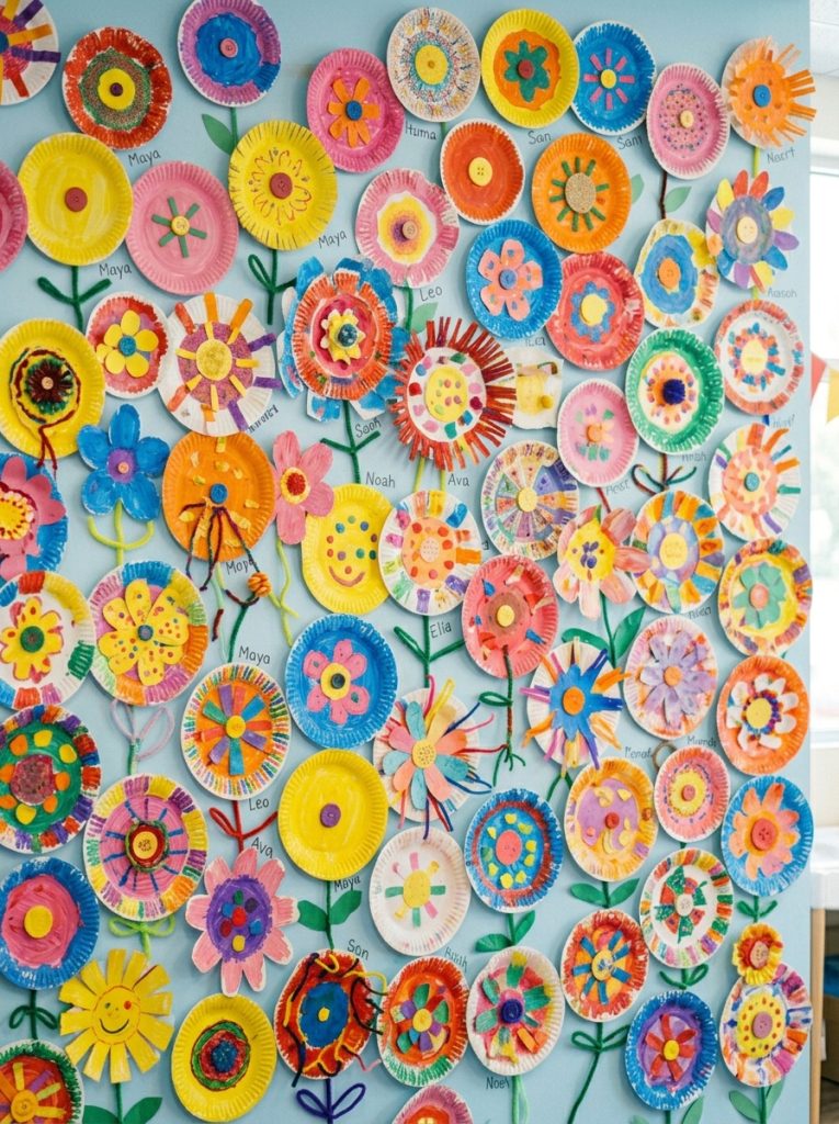 Beautiful classroom paper plate flowers display with student-made flowers in multiple colors creating cheerful garden wall display