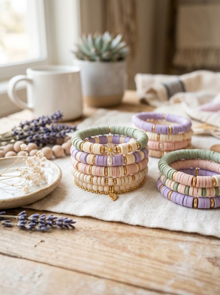 Beautiful aesthetic clay bead bracelet ideas in soft pastel lavender pink sage green and cream palettes in professional-looking stacks