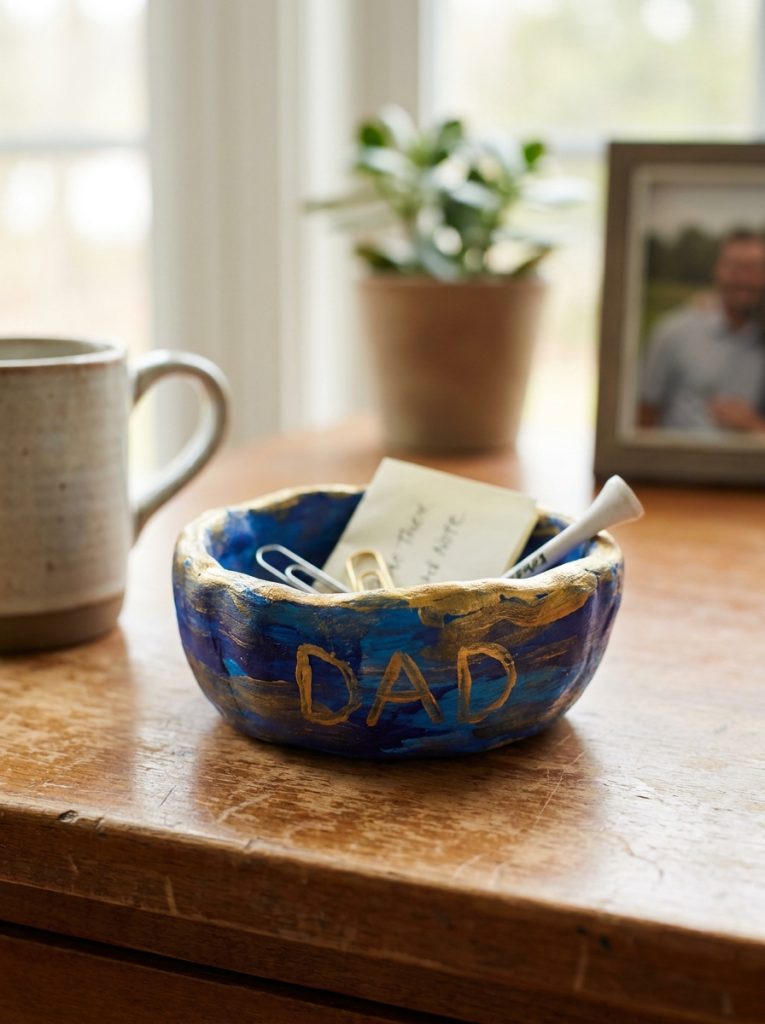 Small handmade clay bowl painted blue and gold with dad on side displayed on wooden desk