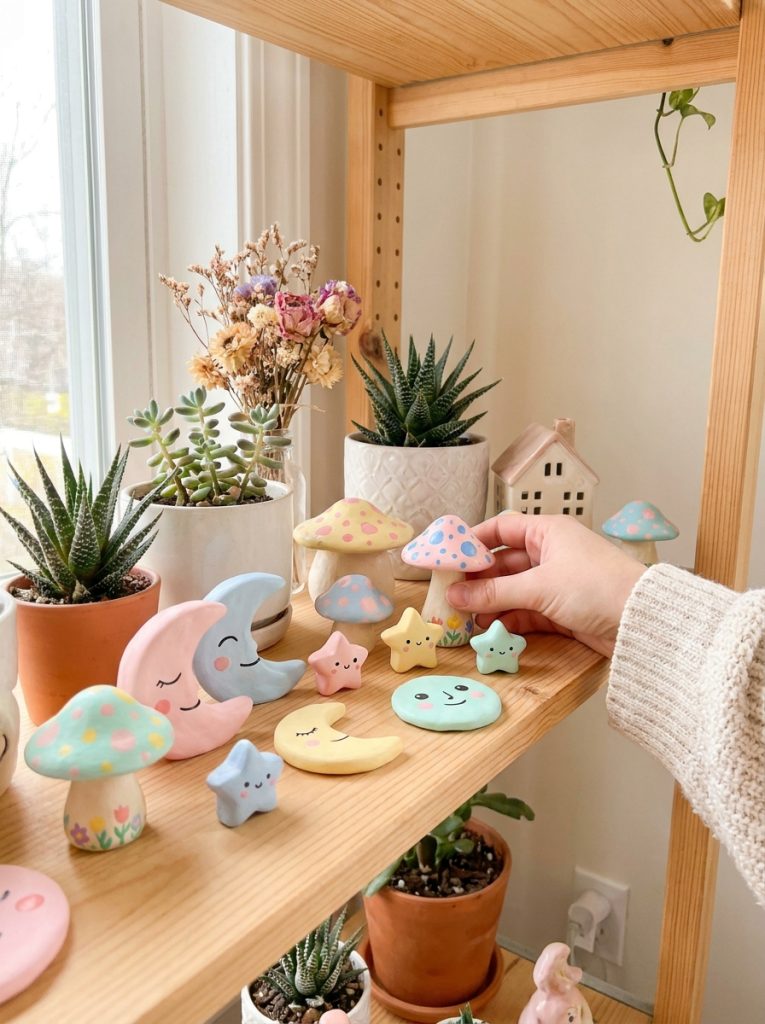 Beautiful whimsical clay craft creations with mushrooms moon faces star creatures and magical figurines in soft pastel colors on shelf