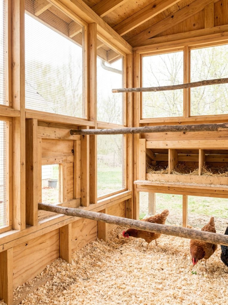 Clean organized chicken coop interior with roosting bars nesting boxes and wood shaving floor