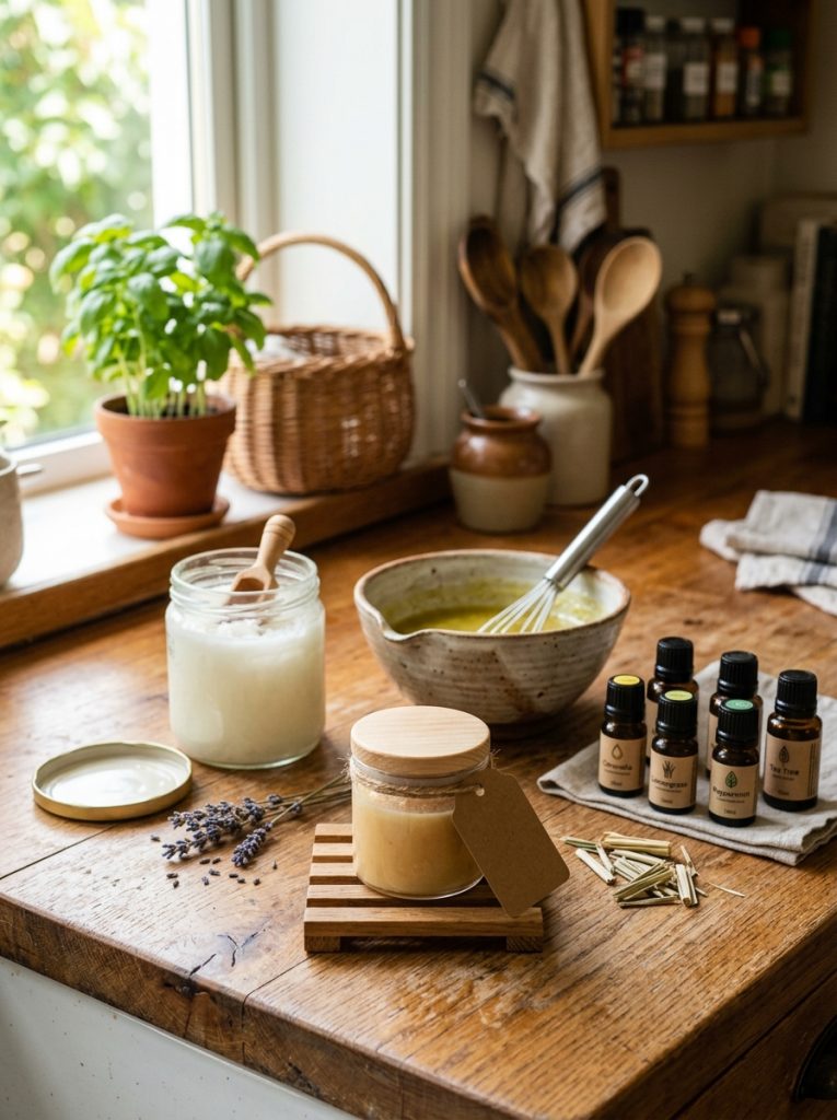Coconut oil jar and essential oil bottles beside finished homemade mosquito repellent blend