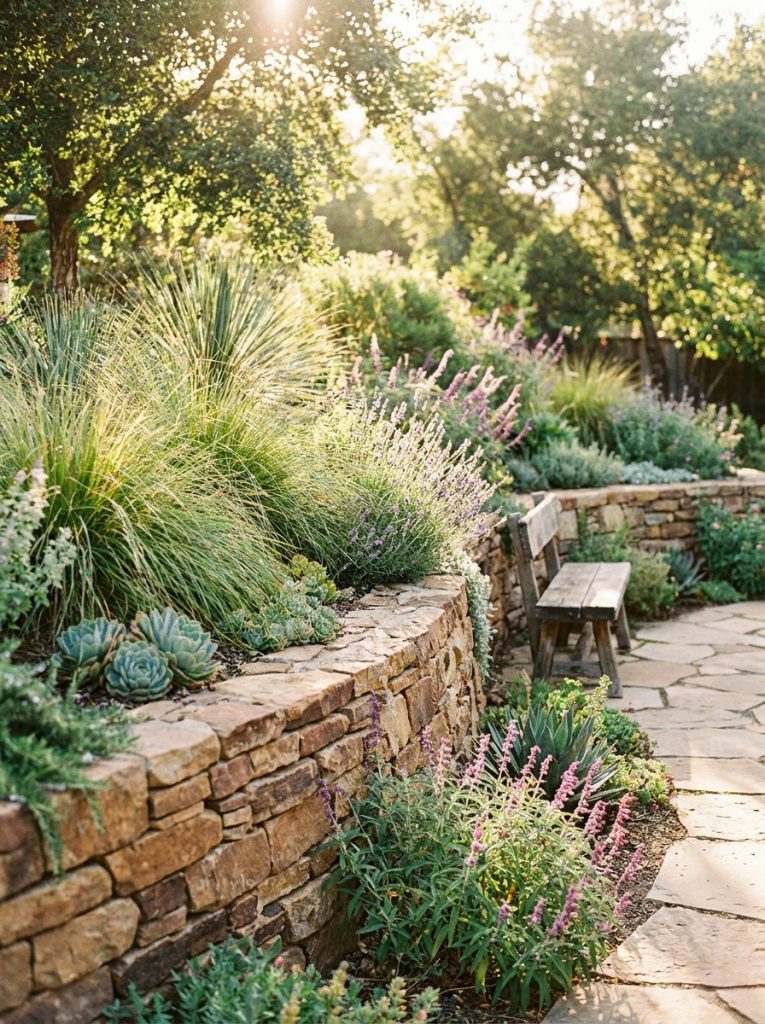 Beautiful coffee brown natural stone retaining wall with lush green plants and ornamental grasses in sunny garden