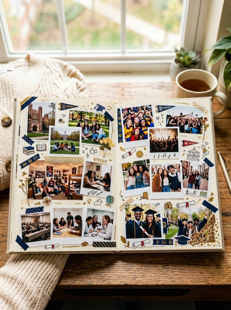 Beautiful college scrapbook with campus photos dorm memories experiences friendships campus events and graduation in college elements 