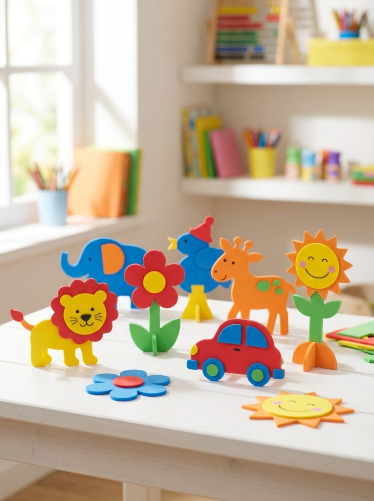 Colorful foam craft creations made by kids with animals characters and shapes from bright colored foam sheets in display Pin