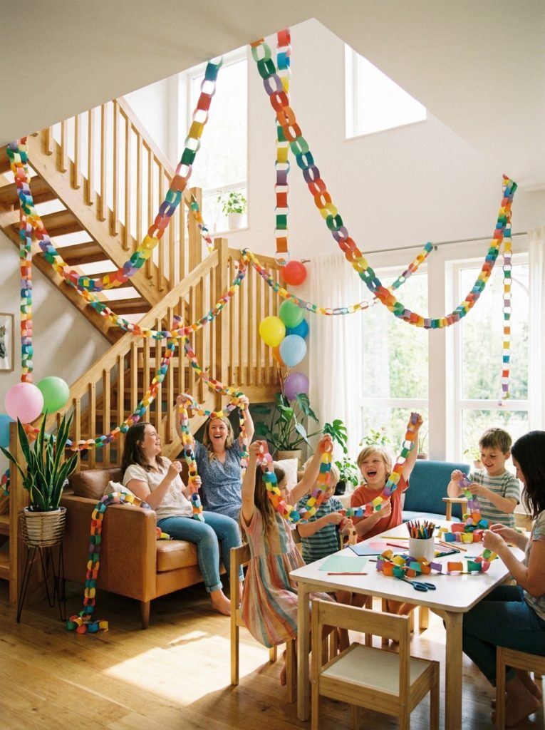 Colorful paper chain decoration craft in rainbow colors draped and hanging in cheerful bright room display