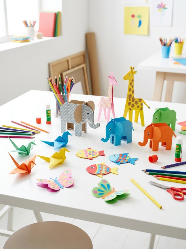 Colorful paper craft animals made by kids including birds fish butterflies and simple fold animals in bright display