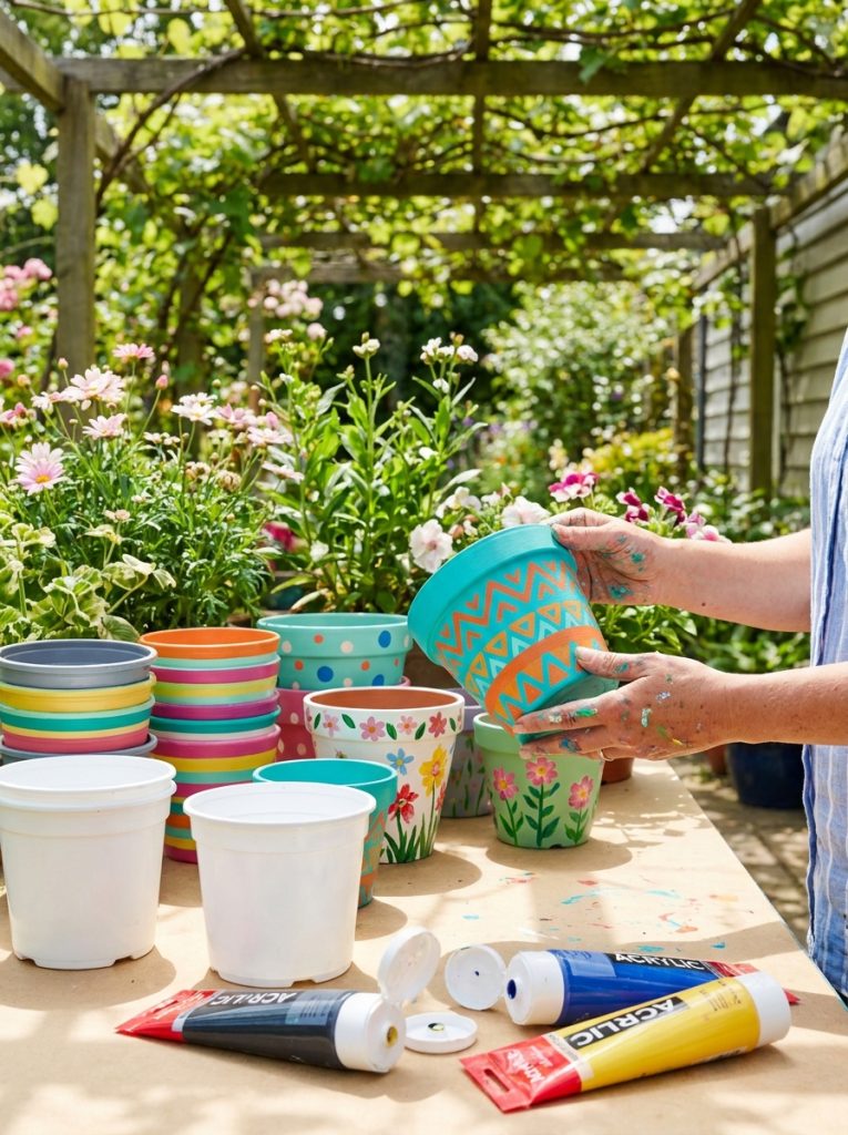Colorful plastic flower pots painted with acrylic in vibrant patterns transformed from plain white