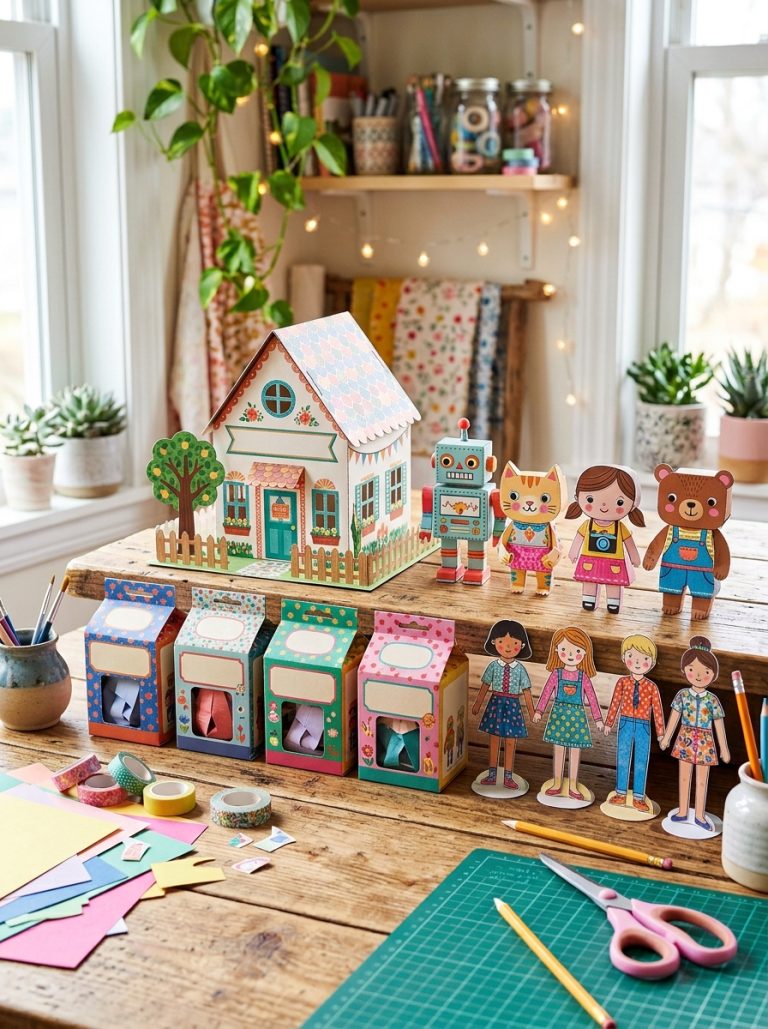 Colorful printable DIY crafts display with 3D paper house paper toy figures blind bag boxes and cute paper dolls on bright craft table