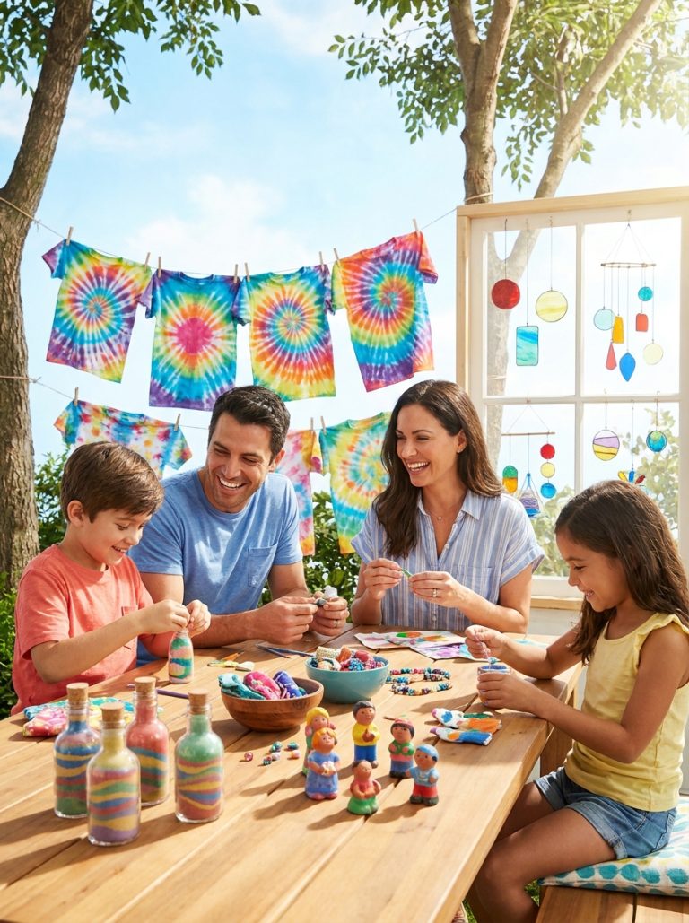 Colorful summer craft table with tie dye shirts sand art bottles sun catchers and clay creations in vibrant display