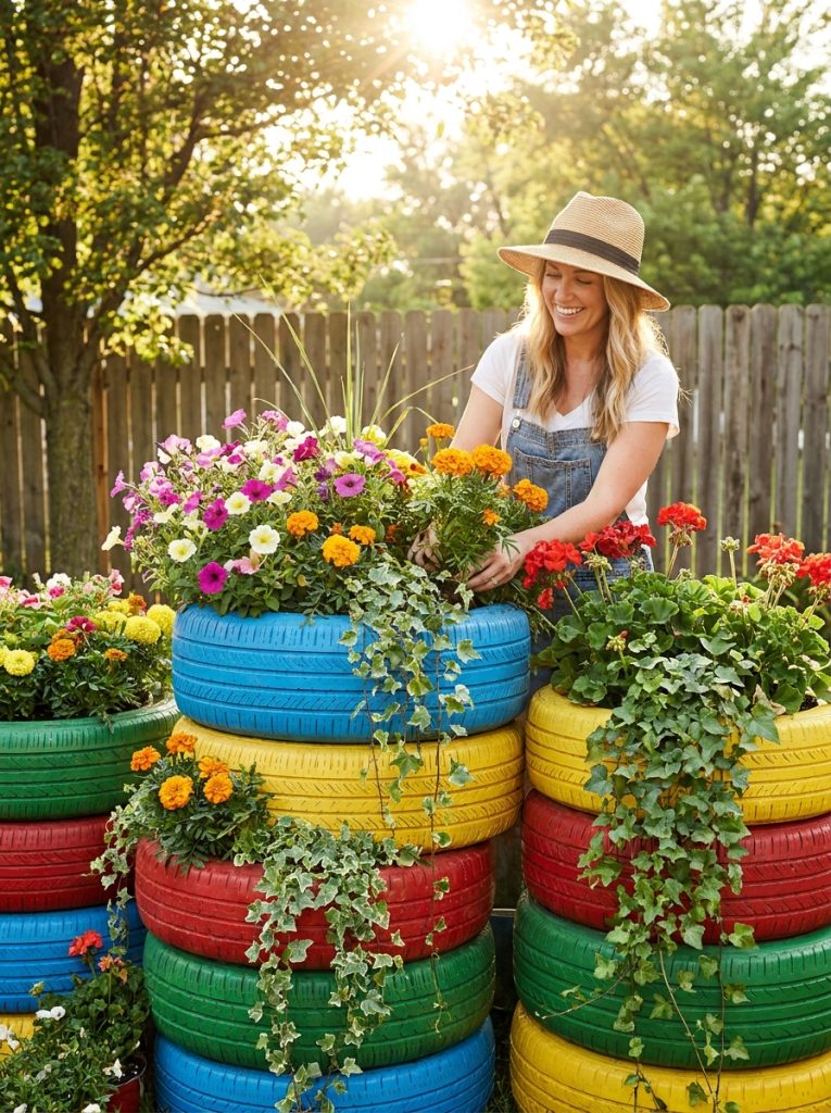 Colorful repurposed tire planters painted bright colors and filled with flowering plants in sunny backyard