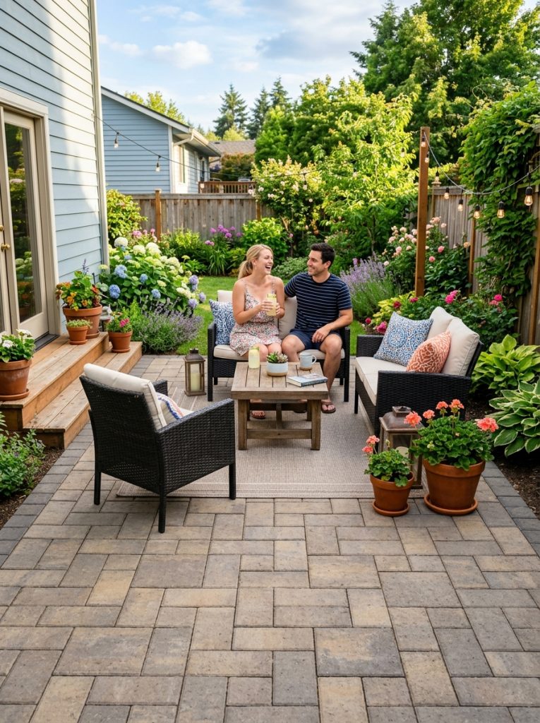 Beautiful completed DIY paver patio looking professionally installed with outdoor furniture and plants in sunny backyard