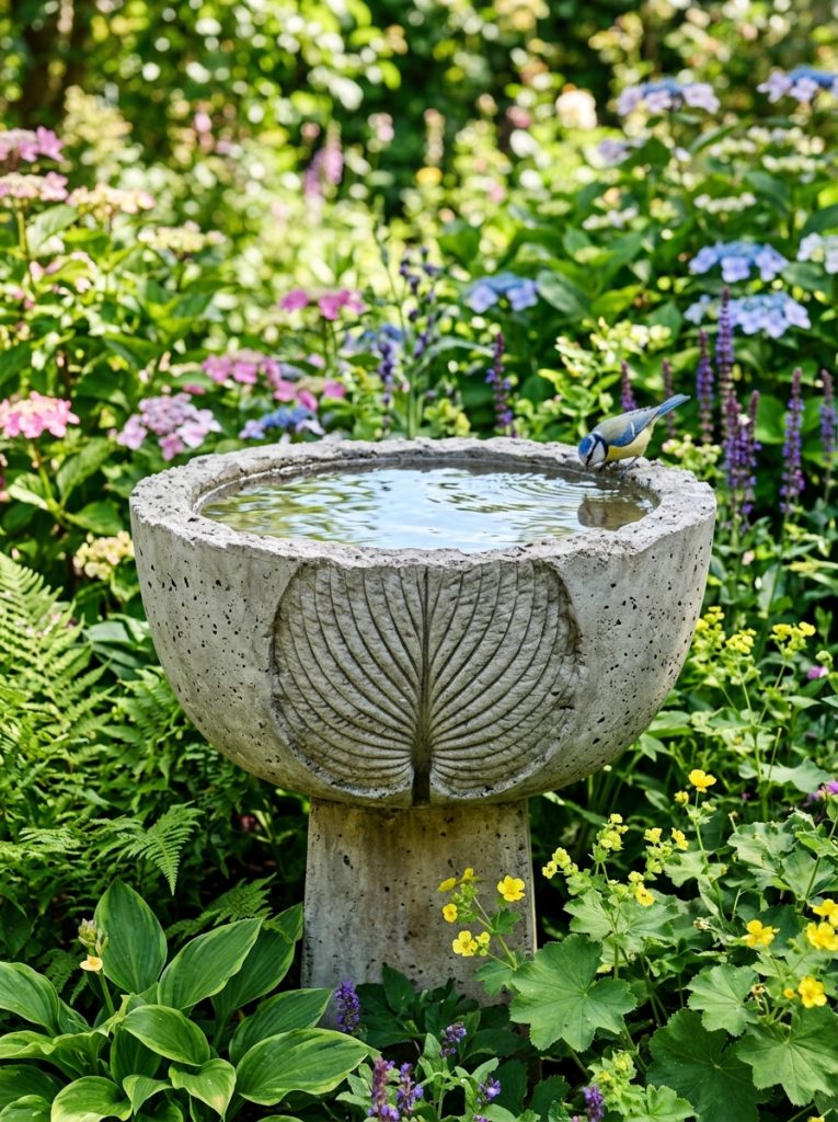 Homemade concrete bird bath with large leaf impression pressed in surface in sunny garden border