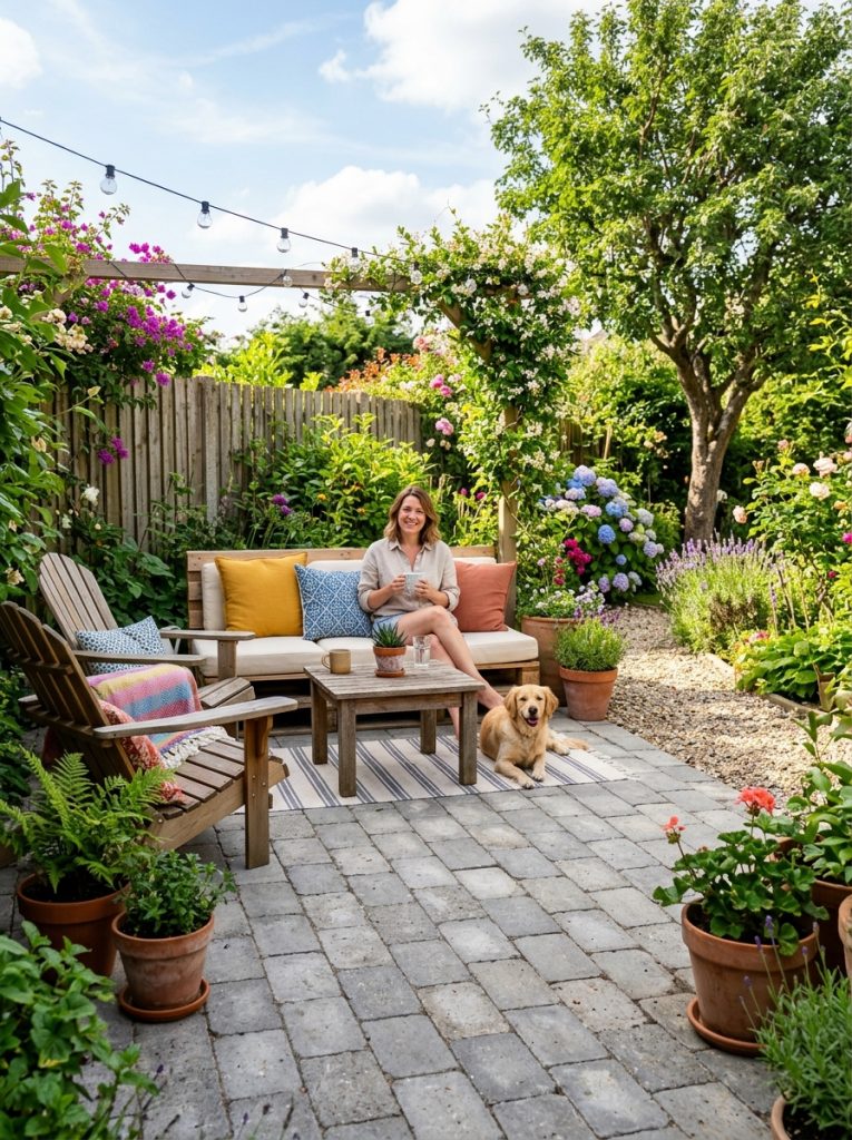 Beautiful DIY concrete block paver patio with smooth concrete pavers in running bond pattern and outdoor seating in backyard