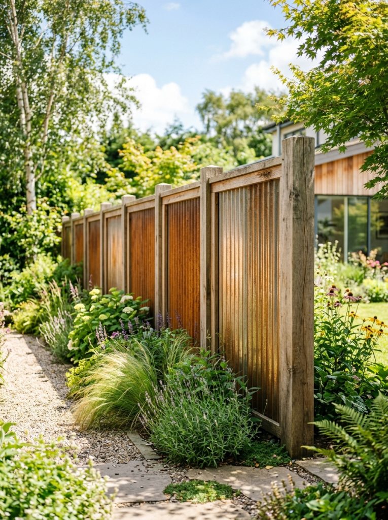 Stunning corrugated metal fence with panels in timber frames creating industrial-modern fence with plants in front in sunny garden