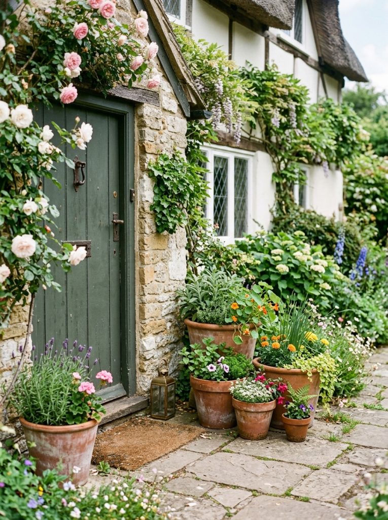 Cluster of different terracotta pots with herbs flowers and trailing plants at cottage entrance